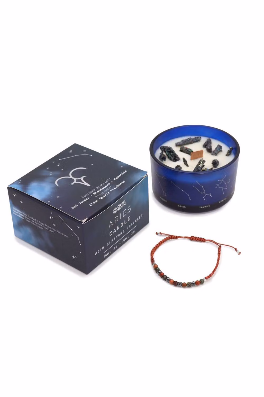 KDMD Zodiac Aries Crystal Candle and Gemstone Bracelet Set in Blue and Red with Fresh Floral and Woody Scents – 2