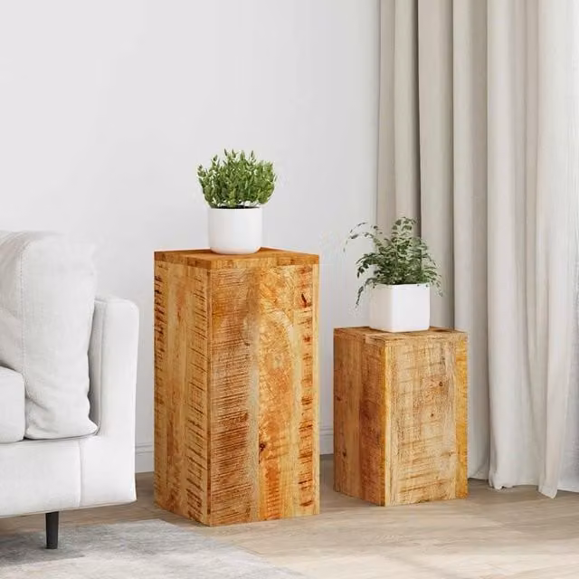 Berkfield Home Set of 2 Rustic Solid Mango Wood Plant Stands in Brown
