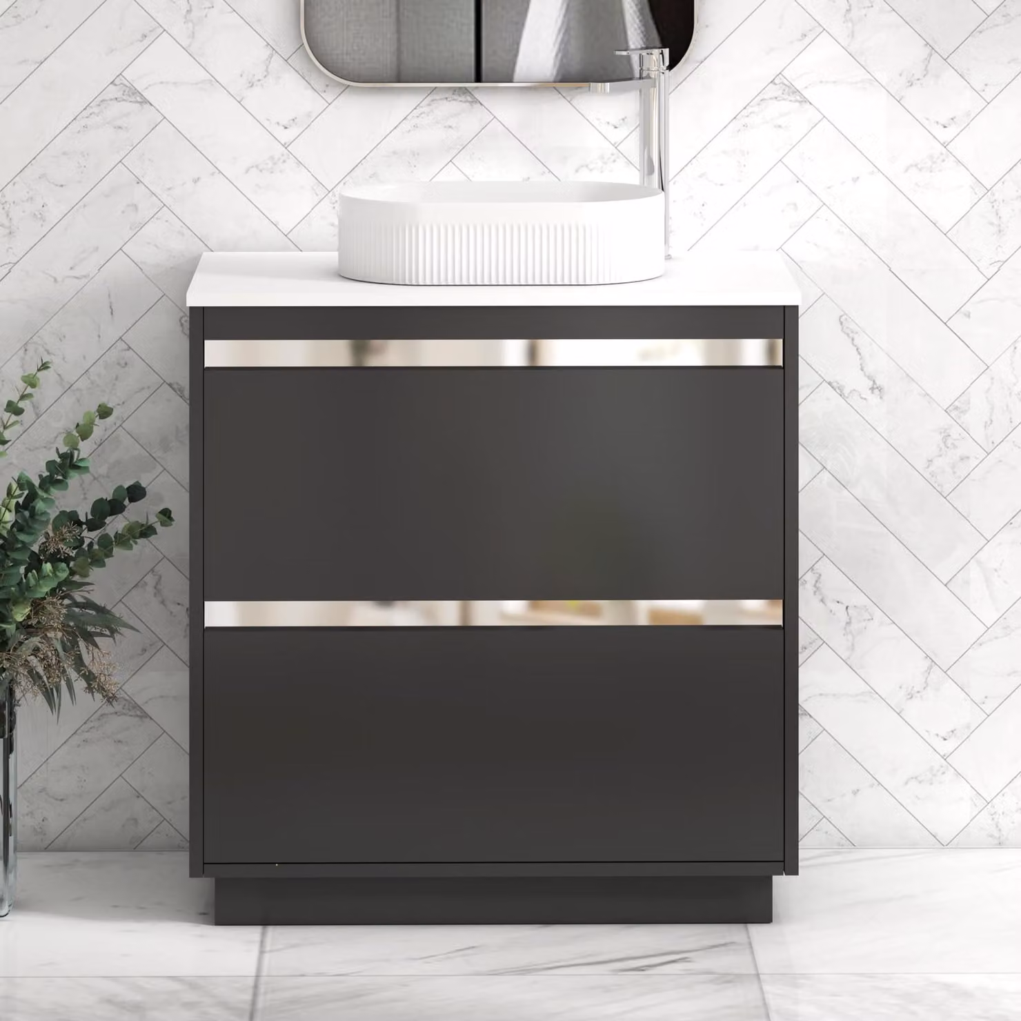 Royal Bathrooms Orion 800mm Matt Obsidian Black Floor Standing Vanity Unit with White Countertop and 2 Drawers