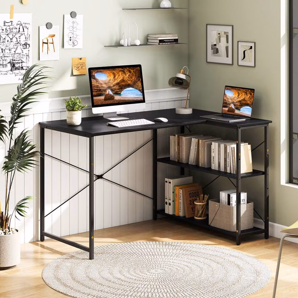 Gymax Reversible L-shaped Corner Computer Desk with Adjustable Shelf in Black – 6