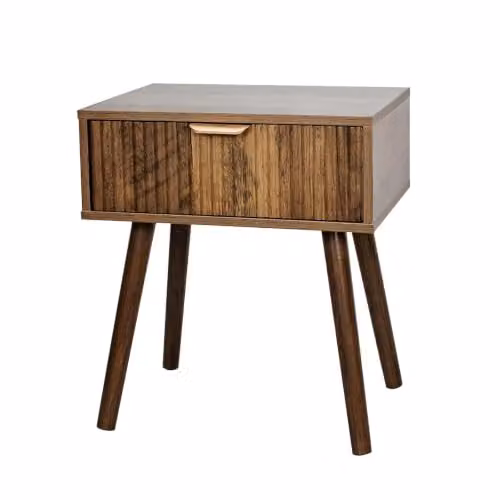 OHS Modern Ribbed Wood Bedside Table with 1 Drawer in Walnut, W: 40 cm, D: 30 cm, H: 45 cm