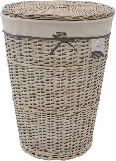 JVL Arianna Round Tapered Willow Linen Laundry Basket with Lid and Removable Bag, Grey – 1