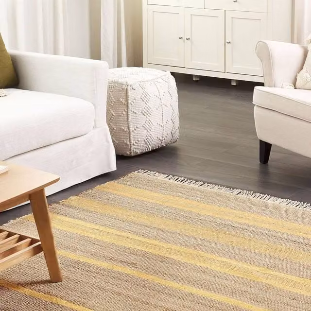 Wyld and Coco Handwoven Jute and Cotton Striped Dhurrie Rug with Fringes, Beige and Yellow, W: 160 cm, L: 230 cm