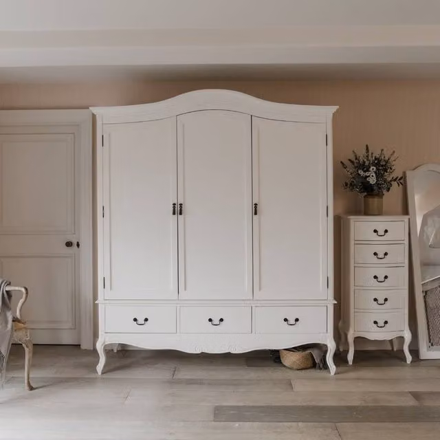 Statement Furniture Juliette White Triple Wardrobe in French Vintage Style with 3 Doors and 3 Drawers, W/D/H: 130 x 60 x 217 cm