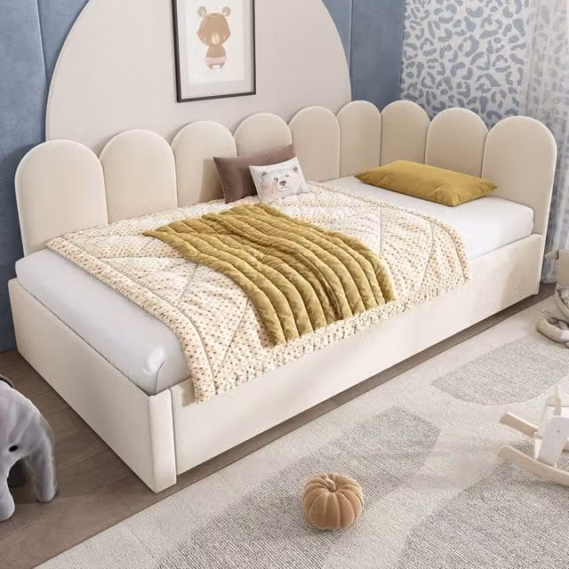 Rolipo Beige Velvet 3FT Single Daybed with Pull-Out Trundle Guest Bed, W/D/H: 90 x 190 cm