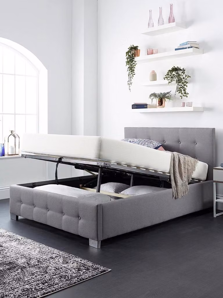 Grey Linen King Size Ottoman Storage Bed with Buttoned Headboard, W/D/H: 180 x 200 x 162 cm