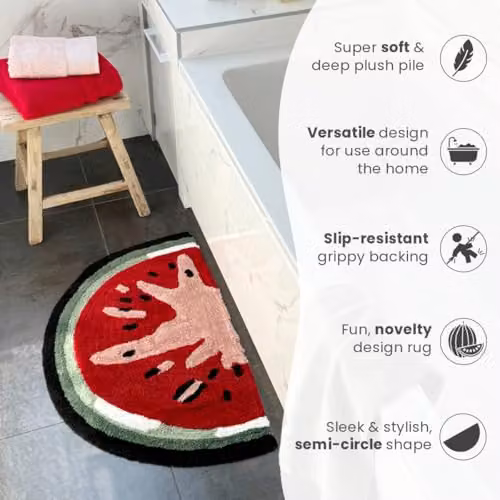 Mooky Mats Watermelon Slice Semi Circle Non Slip Bath Mat, Red and Multicolour, W: 80 cm, D: 50 cm – 4