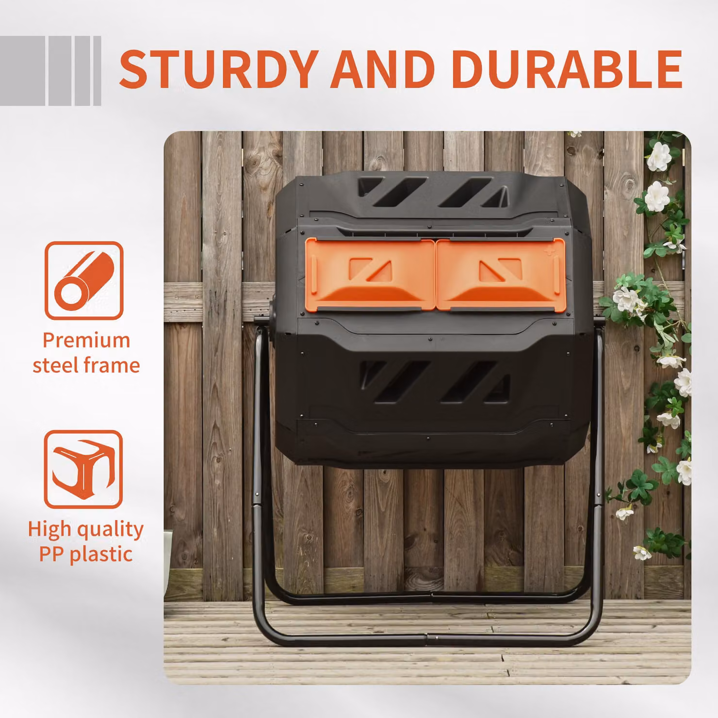 Outsunny 160L Dual Chamber 360 Degree Rotating Tumbling Compost Bin with Sliding Doors and Steel Frame, Orange – 6