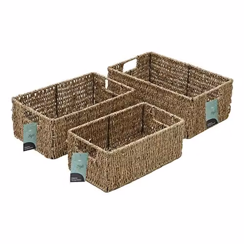 JVL Set of 3 Open Weave Seagrass and Metal Rectangular Storage Baskets in Beige and Sand