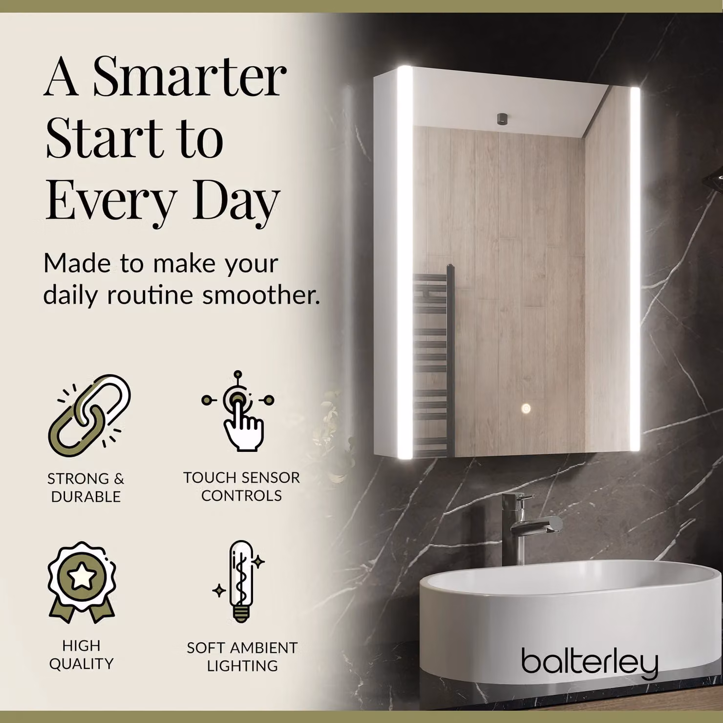 Balterley Rectangular 1 Door Touch Mirror Cabinet with Demister and Integrated Lighting, White and Silver, W: 50 cm, H: 70 cm – 3
