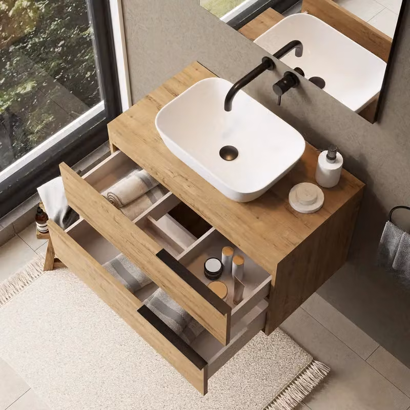 Banyetti Celtic Wall Hung Bathroom Vanity Unit with Matching Worktop in Light Oak, W/D/H: 80 x 45 x 48 cm – 3