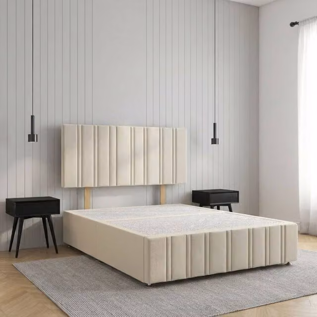 Regional Furnishings Plush Velvet Divan Bed with 24 inch Headboard and Footboard in Beige, Size: Single (90 x 200 cm)