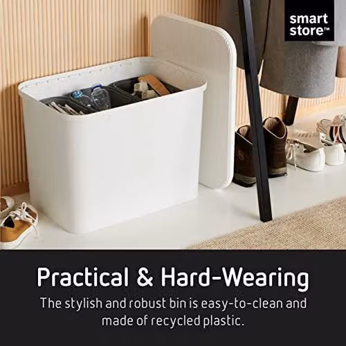 SmartStore 76L Large Recycling Bin with Wood Lid and Removable Inner Buckets in White or Taupe, W: 38 cm, D: 38 cm, H: 42 cm – 4