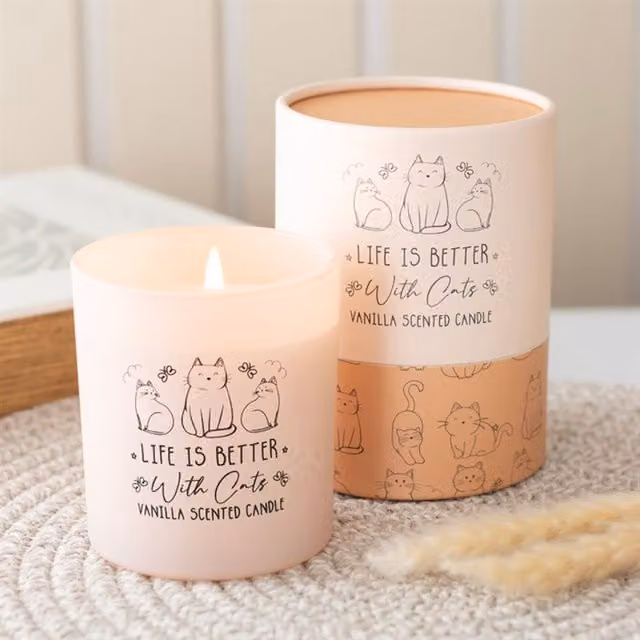 KDMK Life Is Better With Cats Vanilla Gourmand Scented Candle in Brown, Pink and White Glass, 35 g