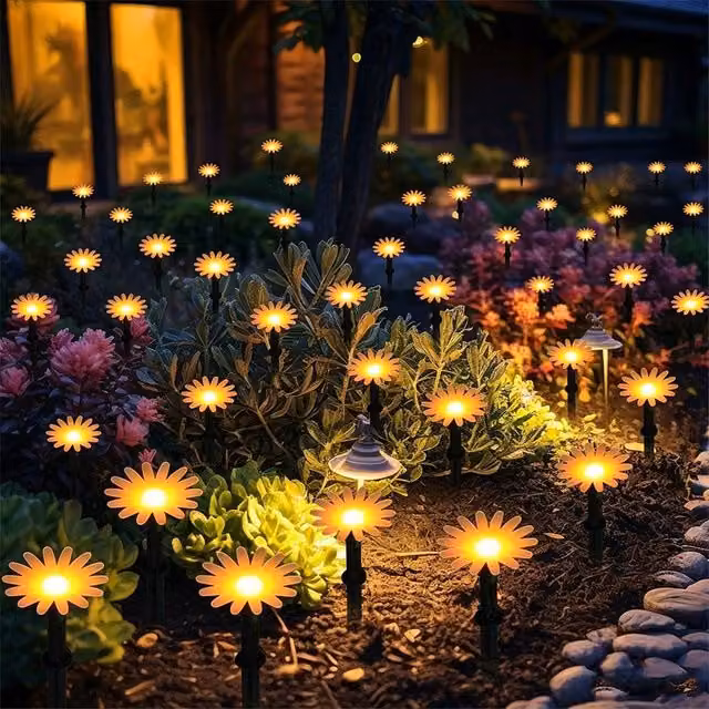 Quipulse 20-Pack Solar-Powered Sunflower LED Garden Ground Lights in Warm White – 1
