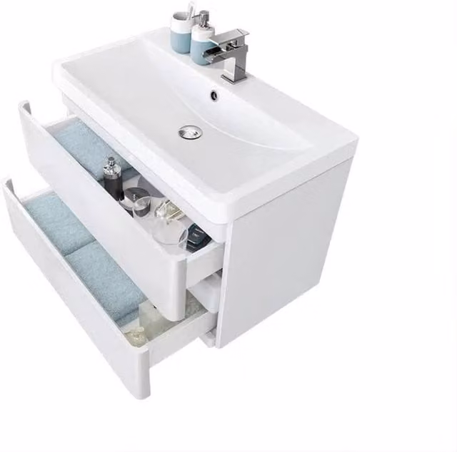 FLAVORA Modern White Glossy Wall Mounted Bathroom Vanity Unit with Built In Sink Basin