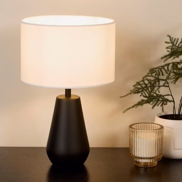 Lighting Collection Pair of Modern Matt Black Touch Table Lamps with Fabric Cylinder Shades – 1