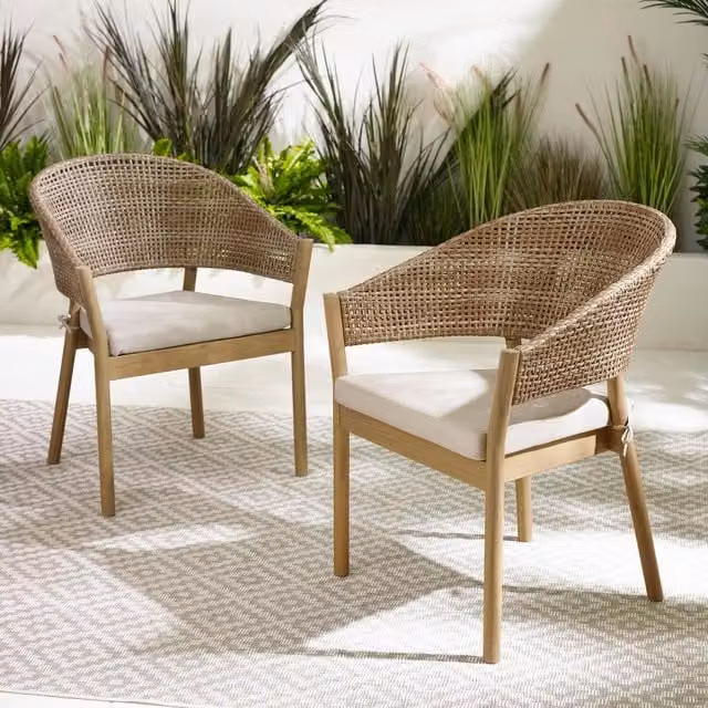 FurnitureboxUK Asa 2 Wood and Wicker Rattan Garden Chairs in Teak with Cream Cushions
