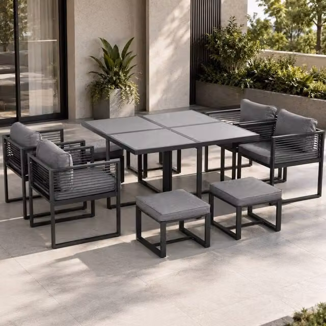 STILVORA Modern Garden Dining Set for 8 in Grey with Metal and Glass Construction – 1