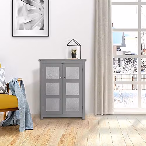 Teamson Home Connor Free Standing Bathroom Cabinet with 2 Glass Doors, Grey, H 86.4 x W 34.9 x D 17.0 cm – 2