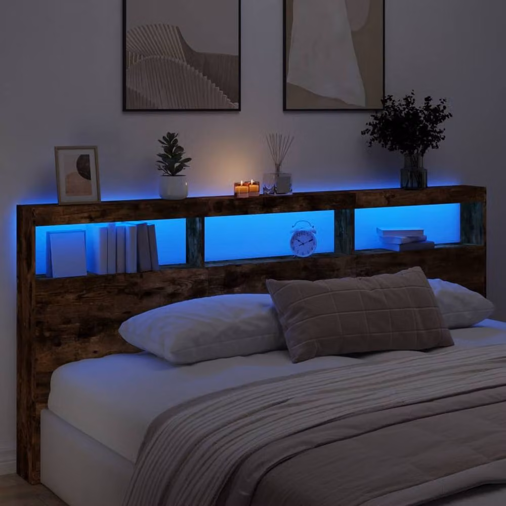 Berkfield Home Headboard Cabinet with LED in Smoked Oak Brown, W/D/H: 220 x 17 x 102 cm – 4