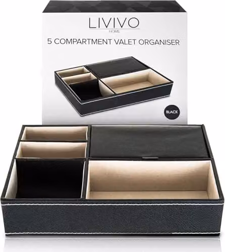 LIVIVO Deluxe 5 Compartment Valet Organiser Tray in Black Textured Faux Leather with Suede Lining and Hinged Lid – 6