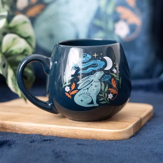 Uniqueful Midnight Hare Rounded Ceramic Mug in Blue, 400 ml