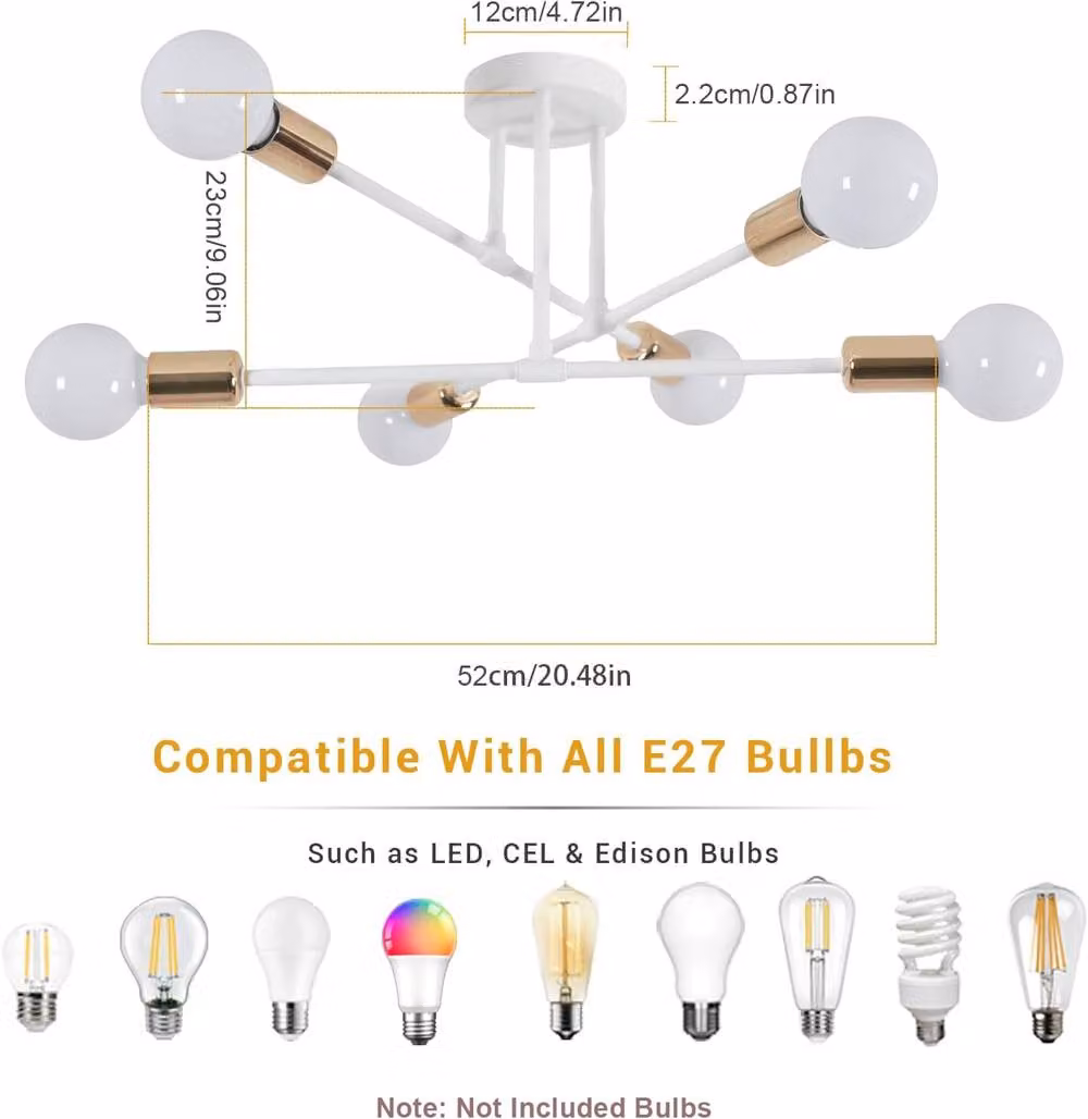 Pheashine 6-Light Sputnik Modern Ceiling Light in Gold and White with E27 Sockets – 2