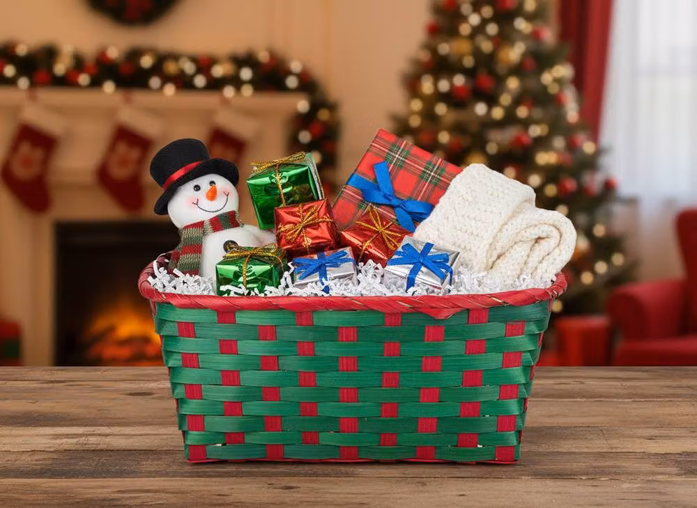 Almineez Set of 2 Bamboo Christmas Hamper Baskets in Red and Green, Rectangular Open Weave Storage Baskets – 11
