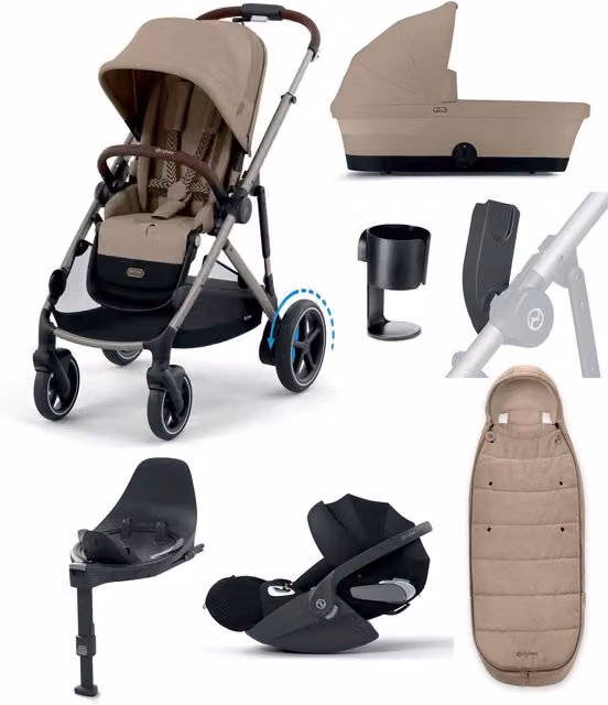 Cybex e-Gazelle S Electric Single to Double Pushchair Bundle with Cybex Cloud T i-Size Rotating Car Seat, 7 Pieces, Almond Beige