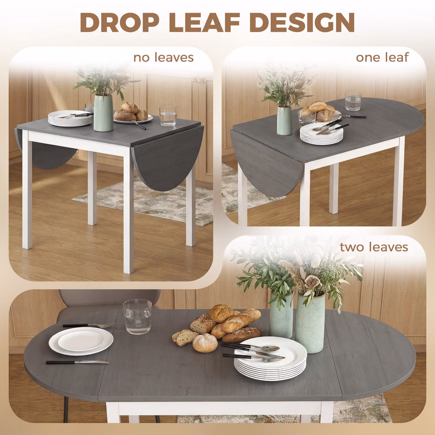 HOMCOM Grey Wooden Drop-Leaf Dining Table for 4-6 People – 3