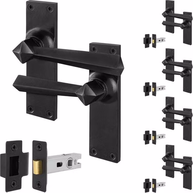 AFIT Black Antique Cast Iron Door Handles with Backplate and Latch, 5 Pairs, W/D/H: 15.0 x 15.0 x 15.0 cm – 1