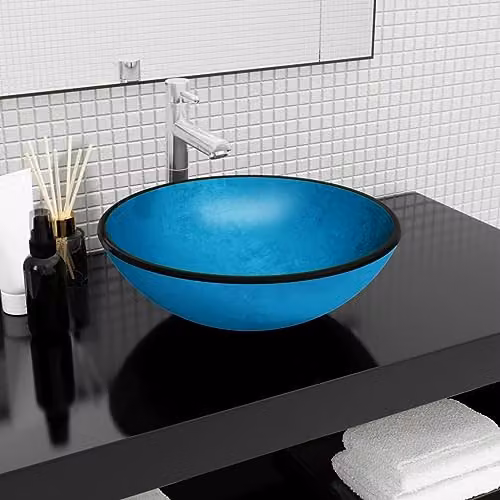 vidaXL Round Blue Tempered Glass Countertop Basin, W: 42 cm, D: 14 cm – 2