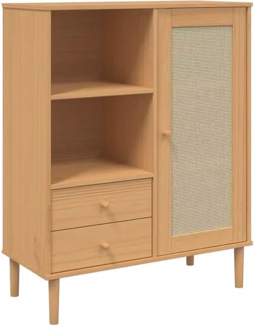 Berkfield Home SENJA Highboard in Brown Rattan Look, Solid Pine Wood, W/D/H: 90 x 40 x 112 cm – 1