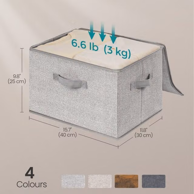 SONGMICS Set of 3 Foldable Fabric Storage Organiser Boxes with Lids and Handles, Grey, W: 40 cm, D: 30 cm, H: 30 cm