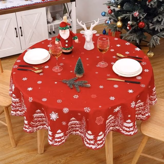 London Boutique Red and White Christmas Snow Design Round Waterproof Wipeable Tablecloth, Diameter: 152.4 cm