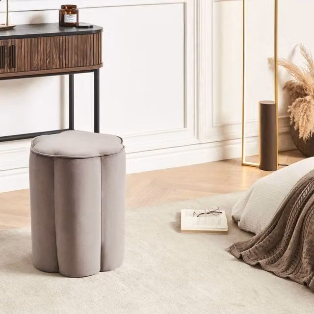 Wyld and Coco Taupe Velvet Round Pouffe in Beige, W/D/H: 39 x 34 x 45 cm – 1