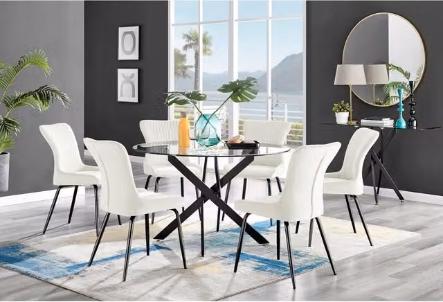 FurnitureboxUK Novara Round Glass Dining Table and 6 Nora Cream Fabric Chairs with Black Legs
