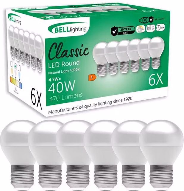 BELL Lighting E27 LED Golf Ball Bulb, Dimmable, White, 470lm, 4.7W, Pack of 6