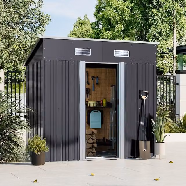 Breeins Steel Garden Shed with Pent Roof, Double Doors and Side Vents, Charcoal Black
