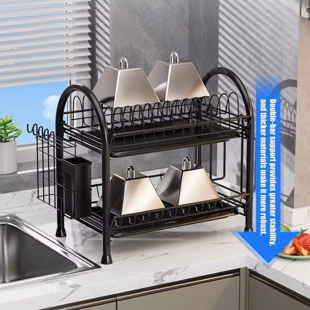 SPETLEK 2 Tier Dish Drainer Rack with Drip Tray and Cutlery Holder in Black – 5