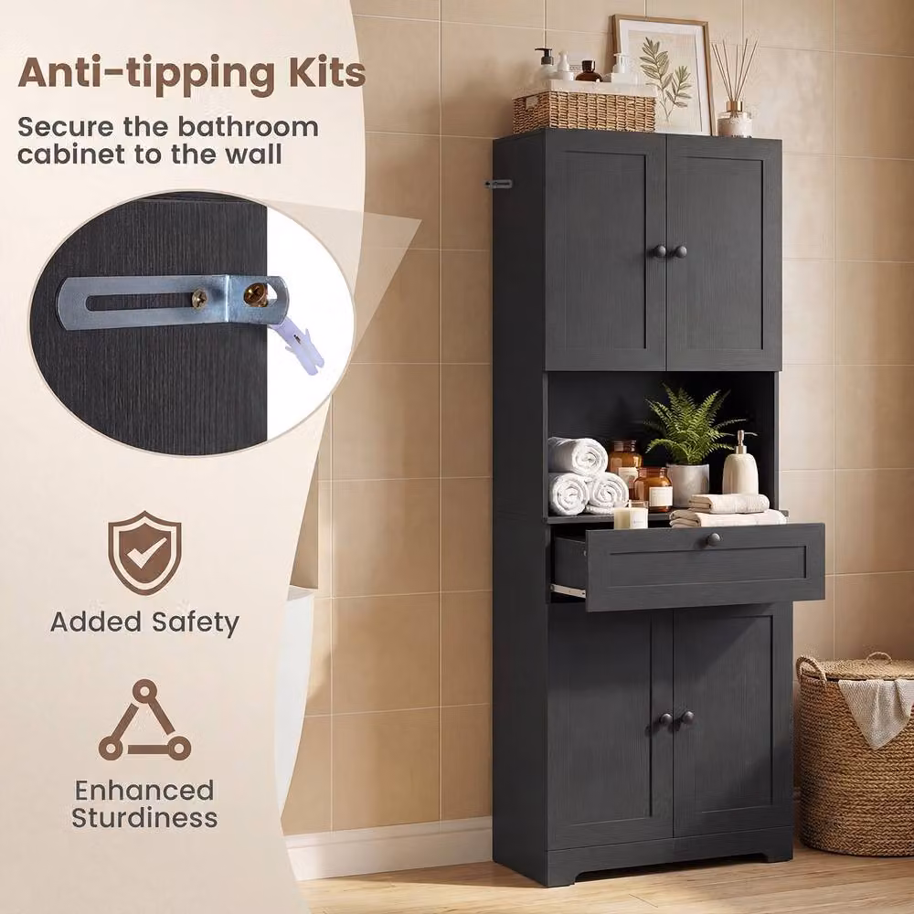 Costway Modern Black Wooden Bathroom Cabinet with 4 Doors and 1 Drawer – 9