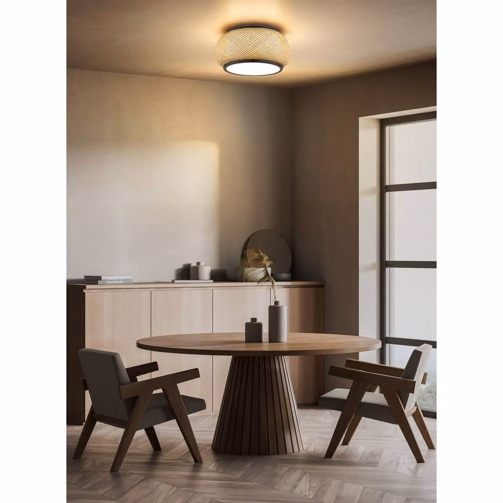 Globo Lighting Bambora Cylindrical LED Ceiling Light in Black and Natural Bamboo with White Fabric, Diameter: 38 cm, Height: 19.2 cm – 3