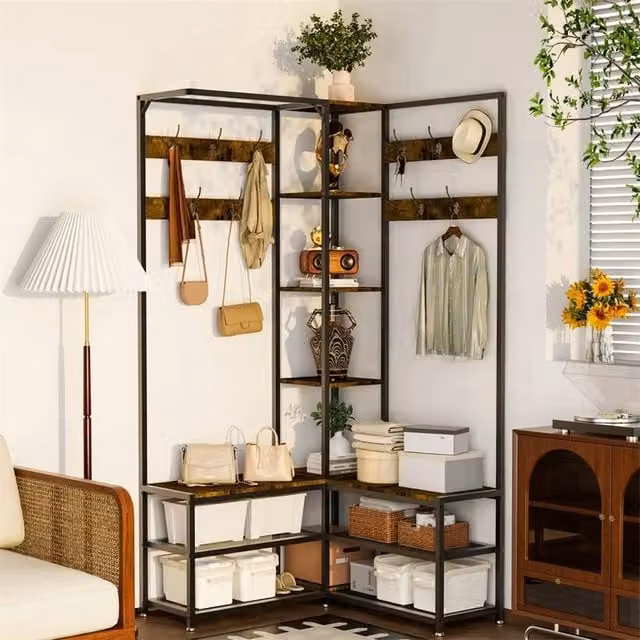 NESTLUNE Industrial Metal Hall Tree with Bench in Brown Matt – 1