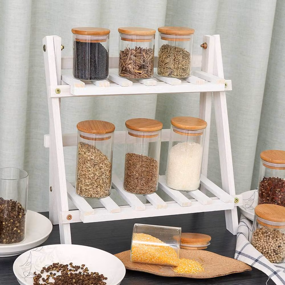 Living and Home 10-Piece Glass Storage Jar Set with Bamboo Lids and Measuring Spoons in Beige – 2