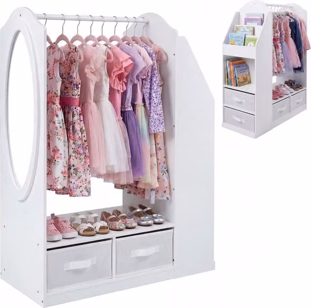 Costway Kids Dress Up Storage Cabinet in White with Mirror and Hanging Rod