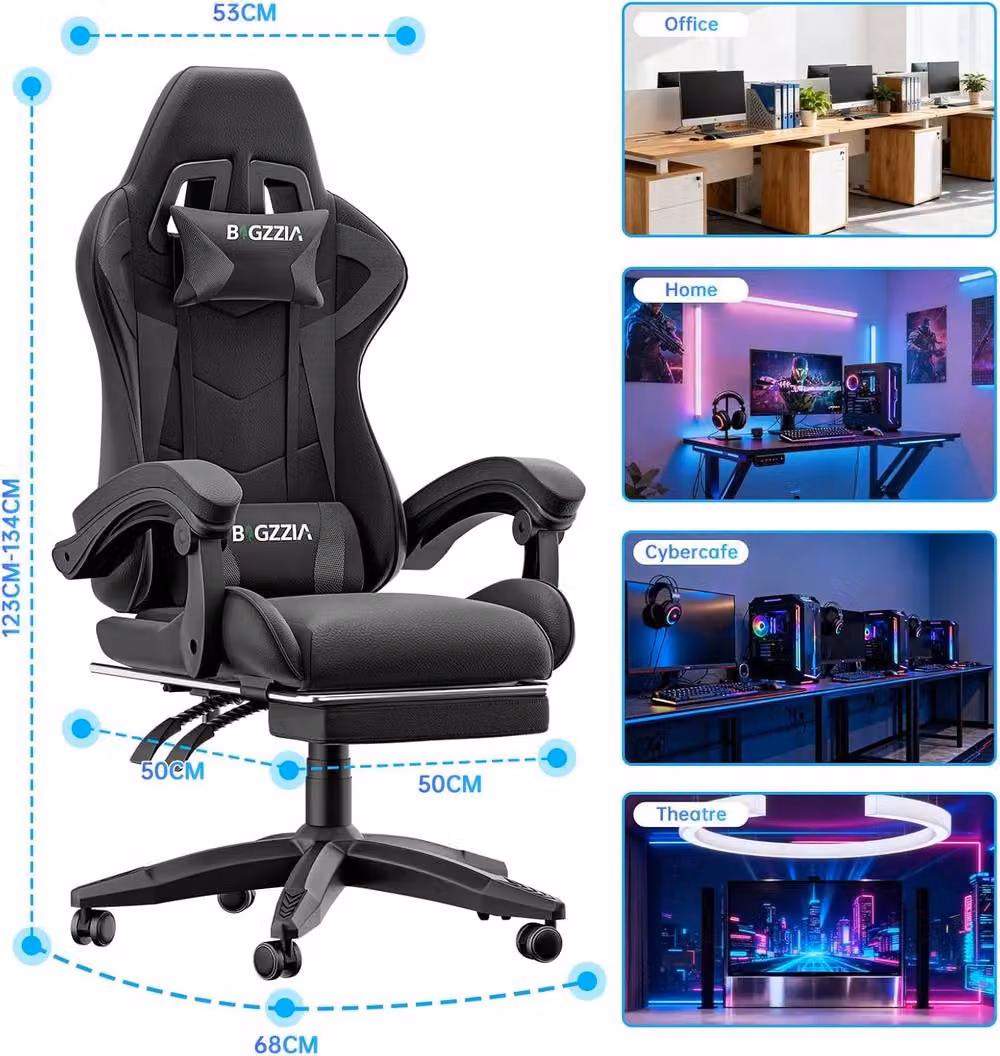 Gartistgo Ergonomic Gaming Chair in Black PU Leather with Footrest, Headrest and Armrests – 2