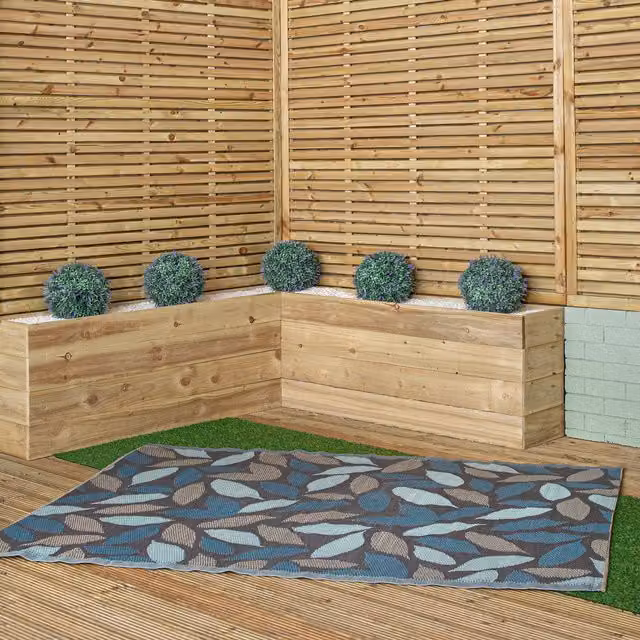 Samuel Alexander Flora Leaves Large Outdoor Alfresco Patio Rug Mat in Blue and Grey, W: 150 cm, D: 150 cm