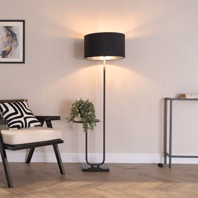 ValueLights Tavel Matt Black Metal Floor Lamp with Black and Chrome Inner Shade and Warm White LED Bulb