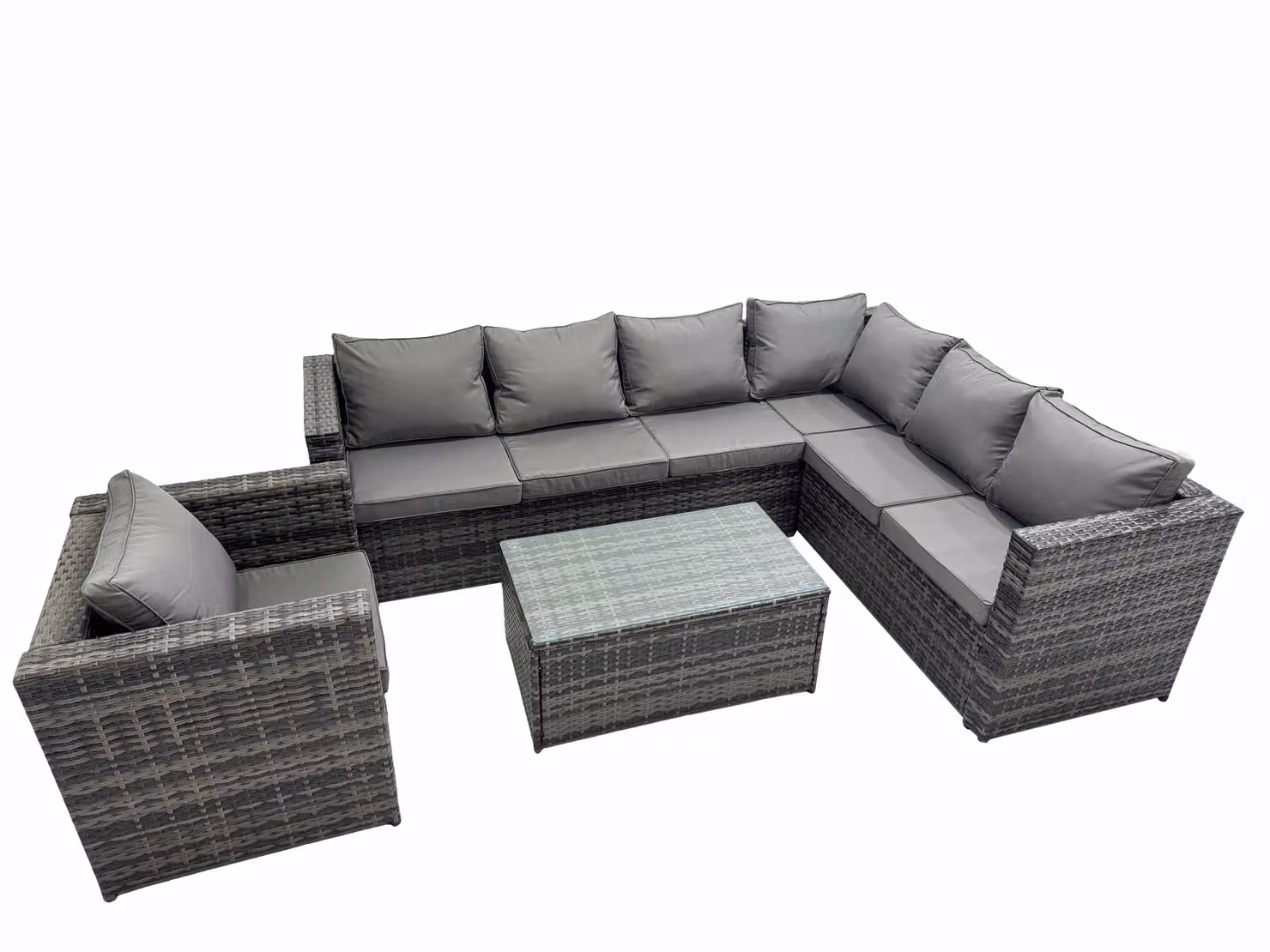Fimous Polyrattan L-Shape Corner Sofa Set with Oblong Coffee Table and Armchairs in Dark Grey – 2